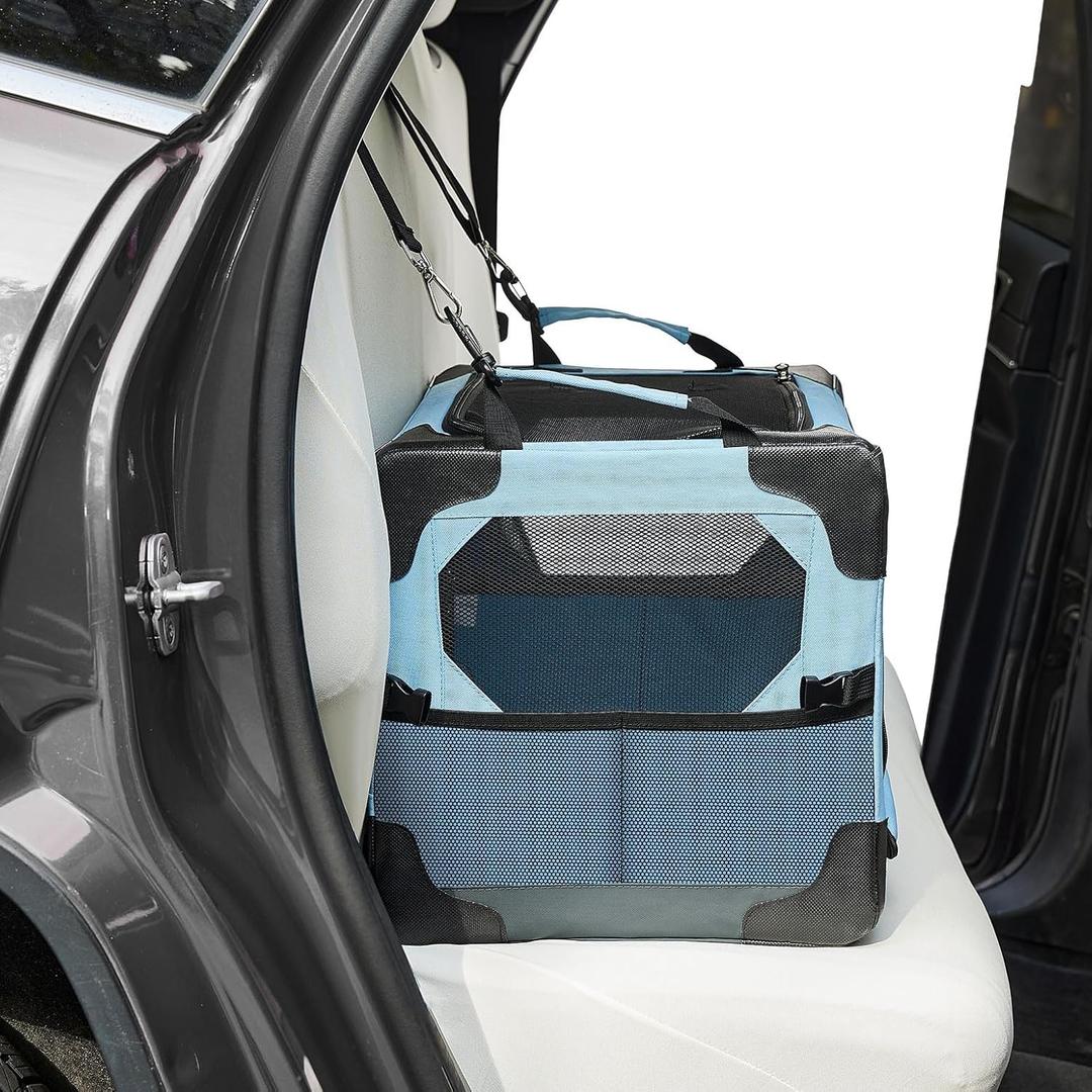JOYTUTUS Collapsible Dog Crate, 20 Inch Portable Pet Crate for Car, Travel Foldable Crate for Puppy/Small Dog 18 lbs, Soft Cat Carrier Fit for Indoor & Outdoor/Car Back Seat/Trunk (Blue)