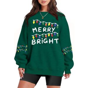 Oversized Christmas Sweatshirt Women Merry and Bright Shirt Christmas Tree Lights Sweatshirts Xmas Holiday Pullover Tops (Green, M)