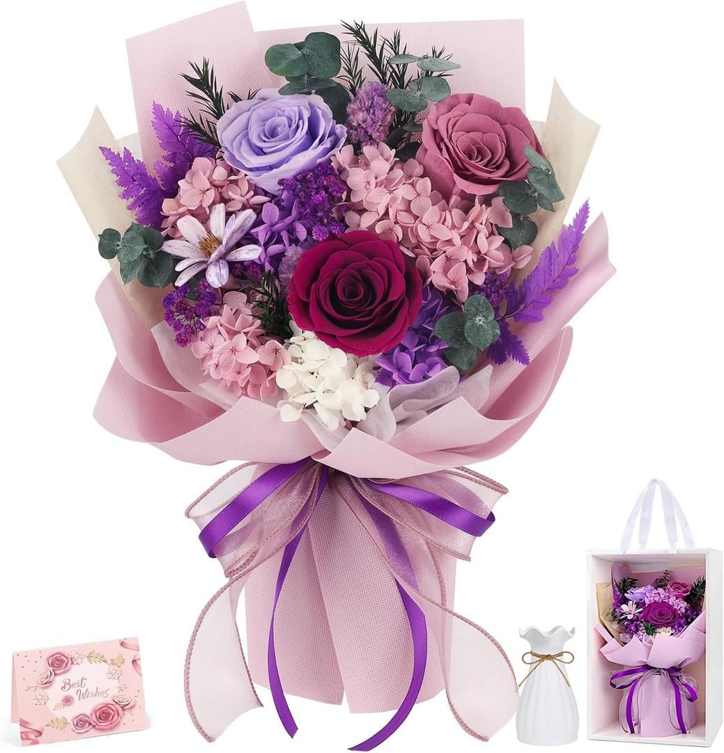 Flowers for Delivery Prime Preserved Flower Bouquet That Last 3-5 Years Real Forever Rose Bouquet for Her Women Wife Grandma Girlfriend Anniversary Birthday Mothers Day Gifts for Mom(Purple)