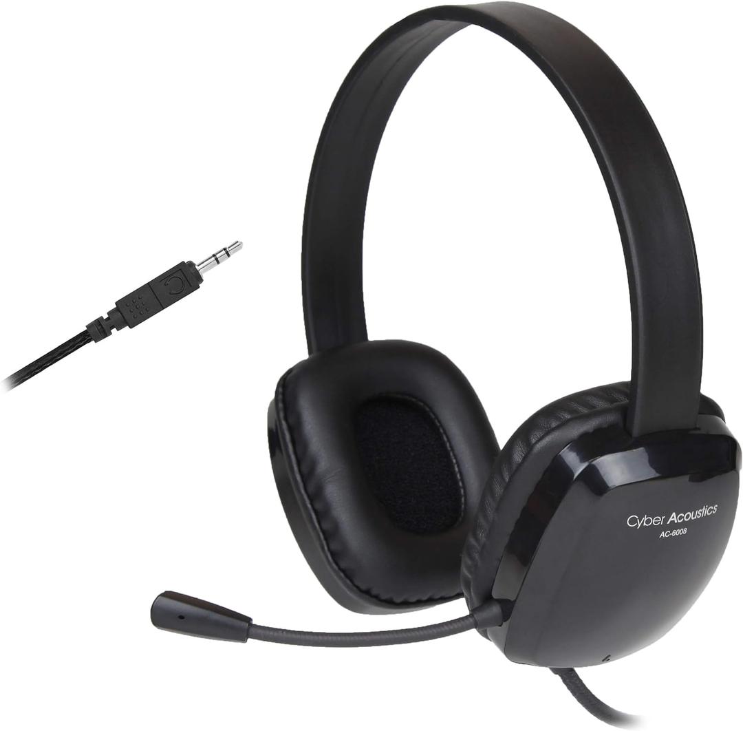 Cyber Acoustics Stereo PC Headset (AC-6008), 3.5mm Connection, Unidirectional Microphone with Flexible Boom for PC & Mac; Perfect for Classroom or Home