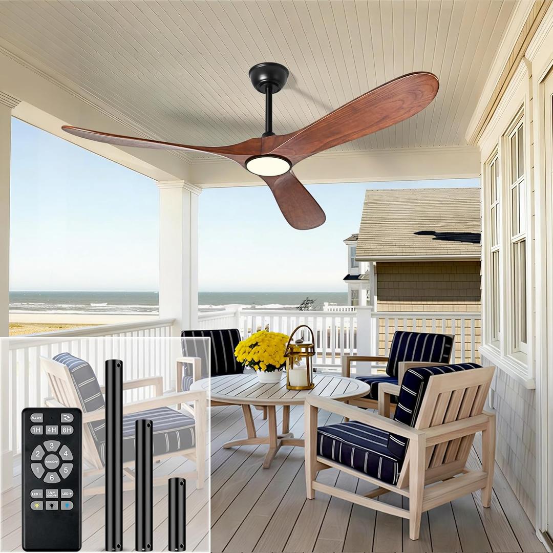 Ceiling Fans with Lights and Remote, Mosanfan 60'' Outdoor Ceiling Fan, Indoor 3 Blade Wood Ceiling Fan for Patios Bedroom Living Room Mid Century Modern Propeller Outside Exterior Wooden Fan (Walnut)