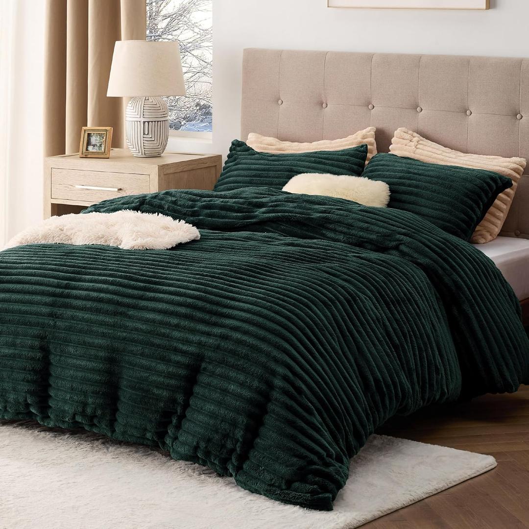 Bedsure Fluffy Duvet Cover Set - Ultra Soft Plush Shaggy Comforter Cover King Size, Warm Flannel Fleece Bed Sets for Winter, 3 Pieces (Striped Pattern, Forest Green) (King (104" x 90"))