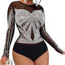 SEBOWEL Women Sparkly Bodysuit Mesh Long Sleeve Body Suits Sexy Rhinestone Tops Bodycon See Through Romper Jumpsuit, Black, Medium