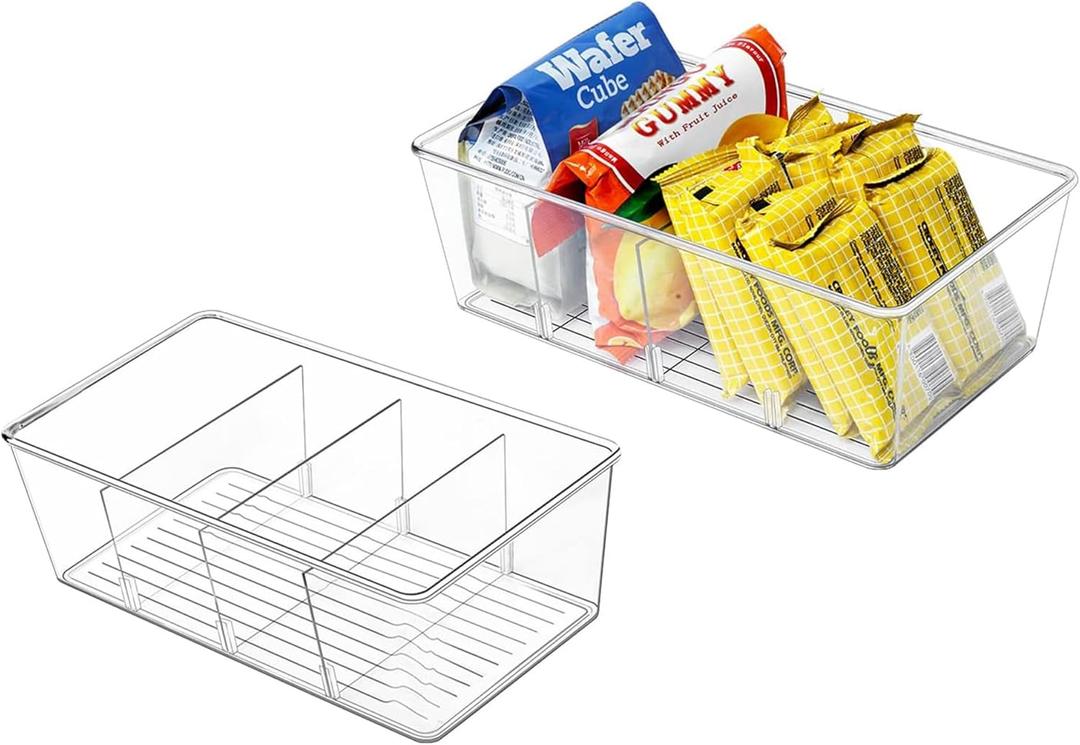 2 Pcs Clear Pantry Organizers and Storage,Plastic Storage Bins for Fridge with Removable Dividers, Kitchen Cabinet Organizers Ideal for Kitchen, Pantry, Refrigerator, Freezer, and Snack Storage (2 Pack-4 Compartment)