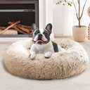 JOLLYVOGUE Calming Dog & Cat Bed for Small Dogs, Anti-Anxiety Donut Cuddler Cozy Soft Round Bed with Anti-Slip Bottom, Fluffy Faux Fur Plush Cushion Beds for Small Medium Dogs (27") (cream brown)