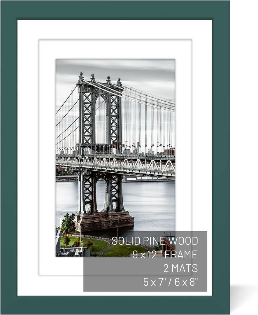9x12 Picture Frames Solid Wood Display Pictures 6x8 or 5x7 with Mat or 9x12 Frame without Mat Poster Photo Frame Art with 2 Mats for Wall Mounting or Table Top (Dark Green)