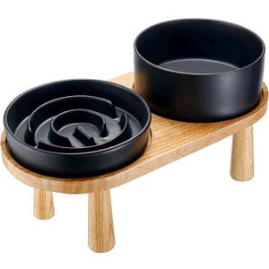 Ceramic Slow Feeder and Water Bowl Set for Medium and Large Dogs, Ceramic Dog Bowls Elevated with Wooden Stand, 2.0 Cups Dog Slow Feeder(30oz) and 70oz Water Bowl Set, Black