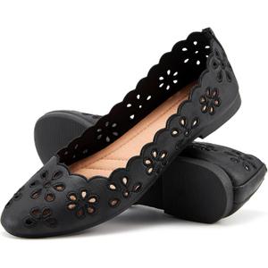 FRACORA Women's Ballet Flats Black PU Leather Dress Shoes Comfortable Round Toe Slip on Flats with Breathable Eyelets (7.5)