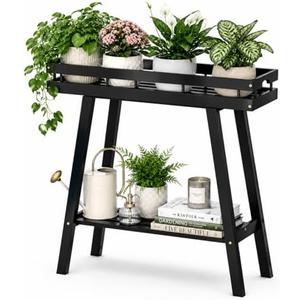 BAMBANG Bamboo Plant Stand Indoor, 2 Tier Small Plant Table, Tall Plant Stand for Indoor Plants, Window Sill Plant Shelf, Flower Pot Holder Plant Bench Plant Rack for Living Room, Black