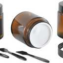 3Pack 4oz Amber Small Glass Jars with Lids, Lotion Container, Cosmetic Containers, Little Travel Jars for Creams with Mini Spoon, cBlack Labels