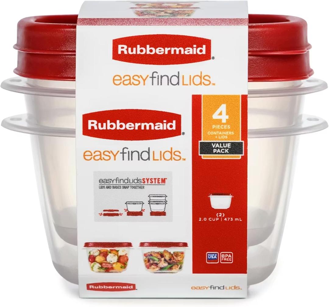 Rubbermaid Easy Find Lids Food Storage Containers, 2 Cup, Racer Red, 4-Piece Set