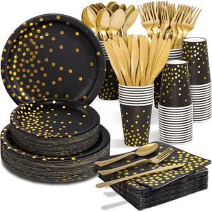 2026 Black and Gold New Years Eve Party Supplies Decorations, 350PCS Disposable Dinnerware Set w/Black Gold Dot Paper Plates Napkin Cup Plastic Forks Knives Spoon for Birthday Christmas Retirement