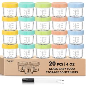 DRKIO 20 Pack Glass Baby Food Storage Containers 4 Oz Baby Food Jars with Lids Baby Food Maker Microwave Dishwasher Freezer Safe 100% Leak-Proof BPA Free