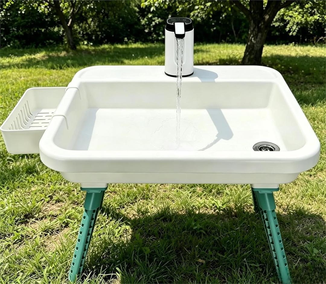 Portable Camping Sink with Electric Faucet, Adjustable Height Stand, Freestanding Outdoor Hand Washing Station, Foldable Wash Basin with Drain Hose & Soap Dispenser, Tank-Free Mobile Sink for Camping