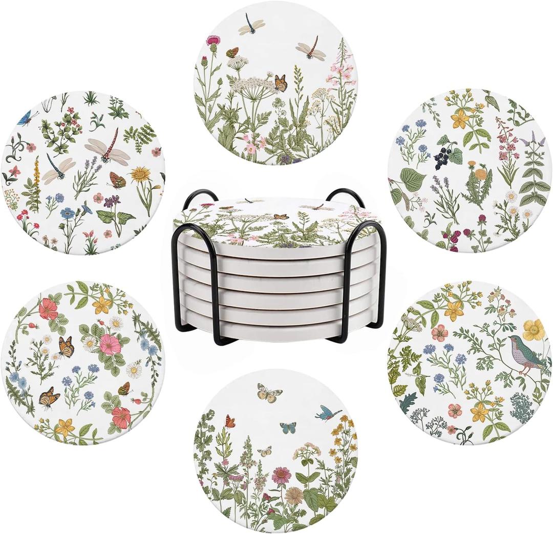 Cute Coasters for Drinks, Vintage Flora Coasters Set of 6, Plant Flowers Round Absorbent Ceramic Stone Coaster with Cork Base, Vintage Outdoor Coster Modern Cool Floral Tea Cup Boho Coaster, 4 inches