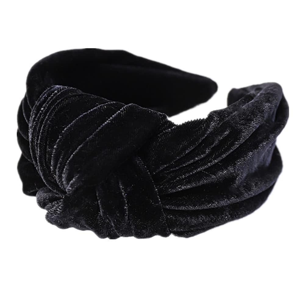 Women Velvet Knot Headband Elastic Wide Knotted Hairband Cocktail Dating Makeup Hair Hoop for Ladies (Black)