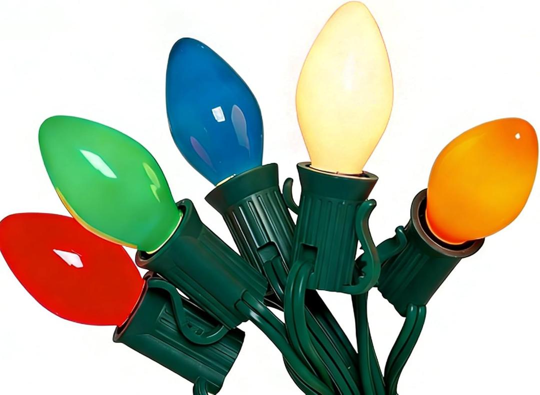 25Ft Multicolor Chritsmas Lights Outdoor, C7 5W Vintage String Lights with 27 Colorful Ceramic Incandescent Bulbs, Hanging Patio Lights for Porch Roofline Christmas Tree Garden Pathway Indoor Decor