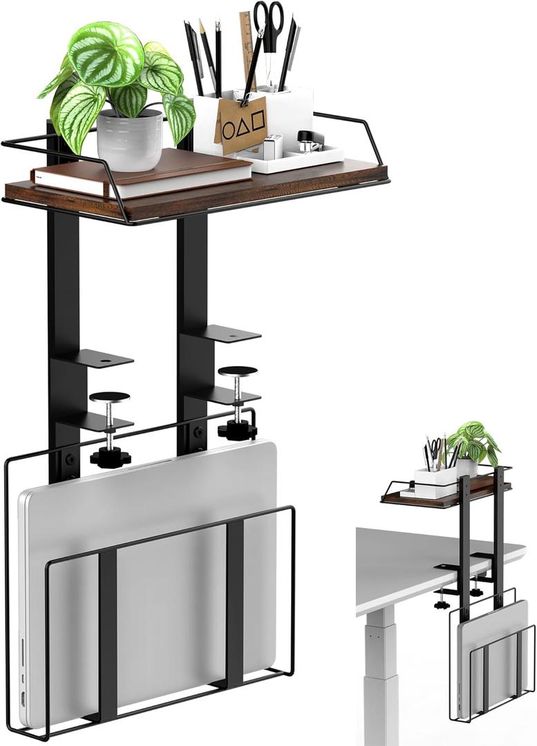 Invech Clamp-On Desk Shelf with Under Desk Cable Book Management Tray, Adjustable Desk Storage Shelf for Office Table Gaming Accessories and Book Storage