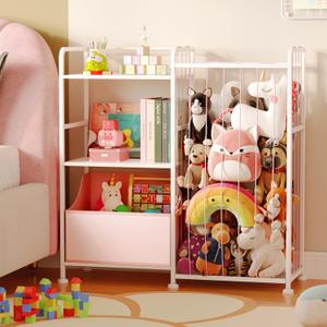 BBLIKE Stuffed Animal Storage - Stuffed Animal Net with Kids Bookshelf and Toy Organizer, 2-Tier White Bookshelf with Stuffed Animal Holder and Fabric Toy Chest for Kids Room, Playroom, Nursery, Pink