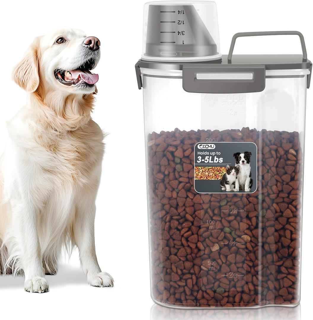 Dog Cat Food Storage Container 3-5lb, Pet Food Container Airtight with Large Spout & Cup, BPA-Free Plastic Food Dispenser for Pet Food, Bird Seed, Rice, Flour (Dark Gray (3L-1pack))