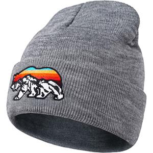 Knit Winter Beanie Hats for Men Women Cuffed Skull Cap with Mountain Embroidery Outdoor Christmas & New Year Gifts (One Size, Bear/Grey)