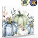 Fall Canvas Wall Art - Eucalyptus Leaf Thanksgiving Pumpkin Patch - Modern Wall Decor Gallery Canvas Wraps Giclee Print Stretched and Framed Ready to Hang - 12" x 16" (Sky Blue White)
