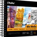 Ohuhu Mix Media Pad, 8.3" x 8.3" Mixed Media Art Sketchbook, 120 lb/200 GSM Heavyweight Papers, 62 Sheets/124 Pages, Spiral Bound Mix Media Paper Pad for Acrylic, Painting, Christmas Gift