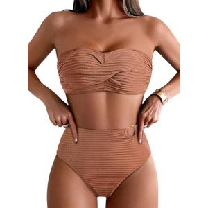 Pink Queen High Waisted Bikini Sets for Women Twist Front Bandeau Top Metal Ring Swimsuits Bathing Suit (L)
