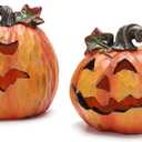 Hodao Halloween Pumpkin Decorations Set of 2, Hand-Painted Resin Jack-O-Lantern Figurines for Indoor Fall Decor, Tabletop Ornaments, for Creating Festive Atmosphere