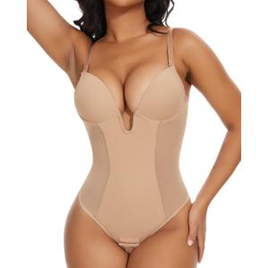SHAPERIN Women's Backless Body Shaper Bra Faja U Plunge Low Back Thong Shapewear Tummy Control Deep V Bodysuit (Medium,Nude)