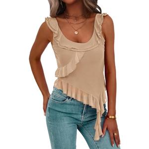 PRETTYGARDEN Women's Y2K Going Out Crop Top Summer Sleeveless Asymmetrical Mesh Tank Top Fitted Party Tops (M, Beige)