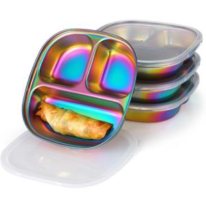 4 PCS Stainless Steel Kids Plates, Reusable Bariatric Plate for Kids Adults, Rainbow Coated Stainless Steel Plates Trays with Lids, Appealing Food Plates with Dividers for School Office Restaurant