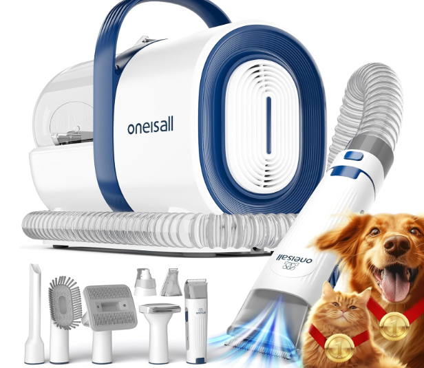 oneisall Dog Grooming Vacuum, Pet Grooming Vacuum with Clipper Nail Grinder, 1.5L Dust Cup Dog deshedding Brush with 7 Tools for Shedding Pet Hair, Home Cleaning(Blue)