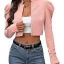 MakeMeChic Women's Business Casual Blazers Long Puff Sleeve Open Front Work Office Cropped Blazer Suit Jacket Pink Large