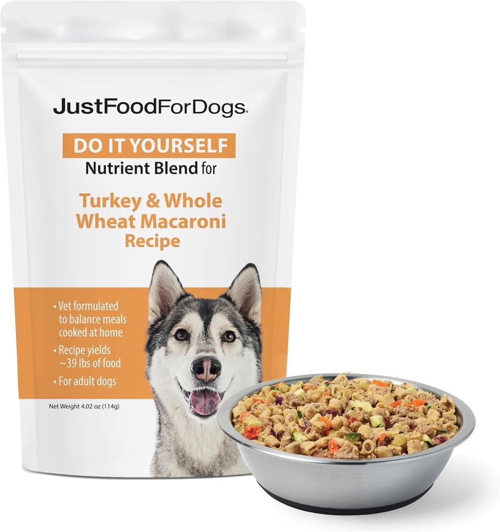 JustFoodForDogs Nutrient Blend, Supplements for Homemade Dog Food, Turkey & Whole Wheat Macaroni, DIY Fresh Pet Meals and Toppers, Human Grade, Dog Vitamins & Multivitamin Additive, 4.55oz (EXP 08/31/26)