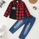 NZRVAWS Toddler Baby Boy Clothes Infant Plaid Pocket Shirt Denim Ripped Jean Pants Outfits Set 6-24 Months 2-5T (Red Block Plaid)