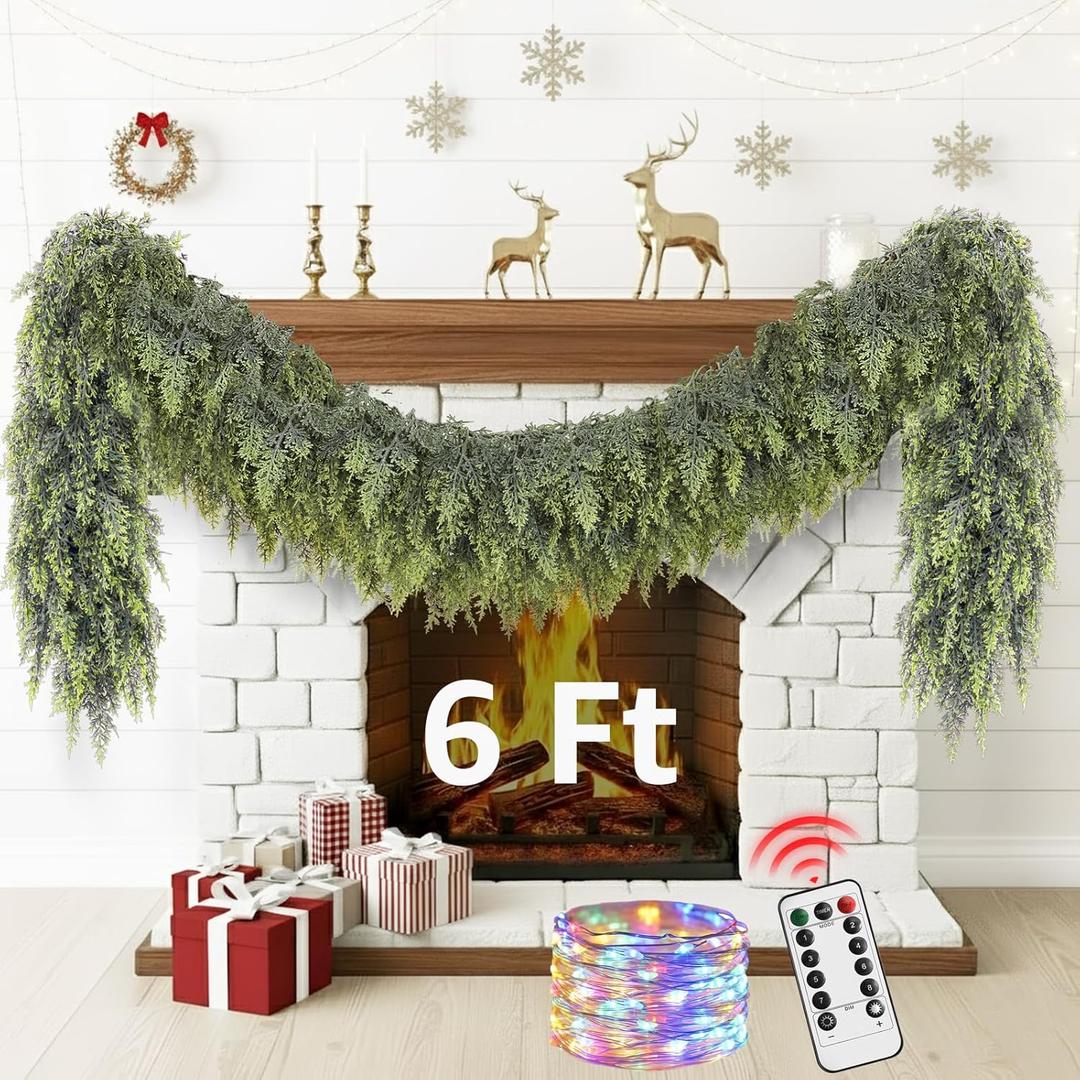 Cedar Christmas Garland with Lights for Mantle - Decorations 6 ft Realistic Lighted Faux Pine Garlands for Xmas Home Decoration Indoor Stairs Railing Fireplace Outdoor 6ft Prelit Garland Door Decor