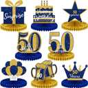 Spakon 8 Pieces Blue Gold 50th Birthday Table Decorations 50th Birthday Honeycomb Centerpieces Glitter Table Toppers Blue and Gold Party Decorations for Men and Women Party Supplies