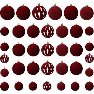 Senjie 36 PCS Velvet Ornaments Balls Sets for Christmas Tree Red Flocked Christmas Balls Assortment for Xmas Tree Holiday Decor