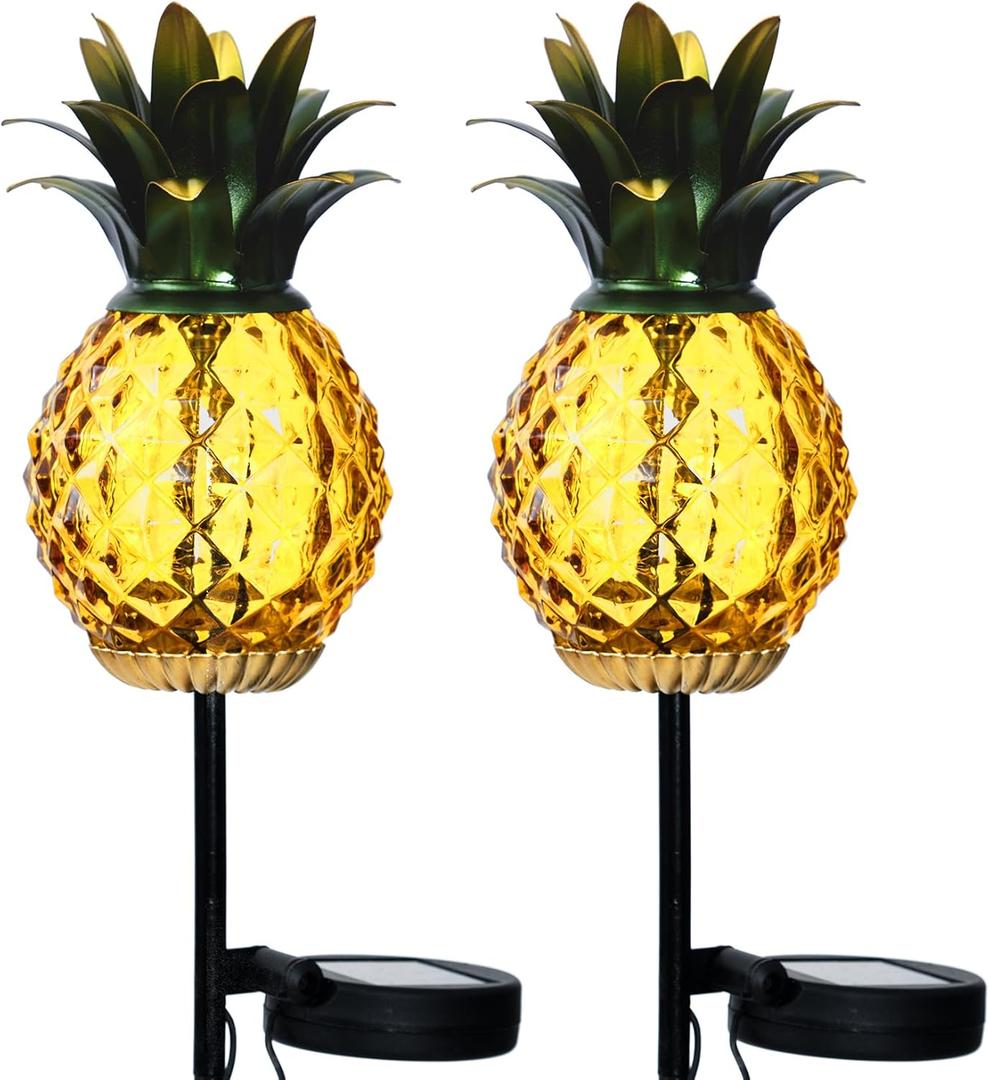 Solar Pineapple Lights Outdoor Glass Pineapple Stakes Lights, Waterproof Garden Lantern Decor Pineapple Gifts for Women 2 Packs, Yellow