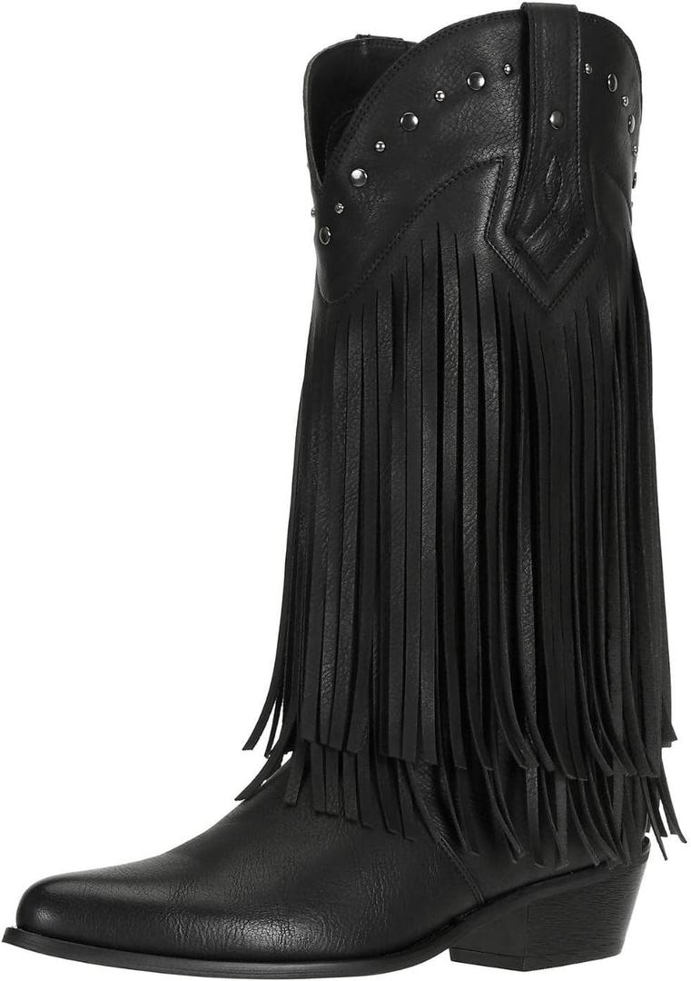 SheSole Women's Fringe Western Boots Wide Calf Riding Cowgirl Cowboy boots Black (6)