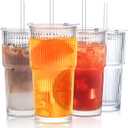 INSETLAN 20 Oz Ribbed Glass Tumblers with Lids and Glass Straws 4-Piece Glassware Set, Thickened Wall, Ideal for Iced Coffee, Smoothies, Cocktails, and Juices Elegant and Durable Drinkware