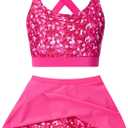 AIDEAONE Girls 2 Piece Swimsuit Size 8-9 Glitter Rose Red Bathing Suits Skirt with Boyshorts Summer Beach Swimwear for Pool Party