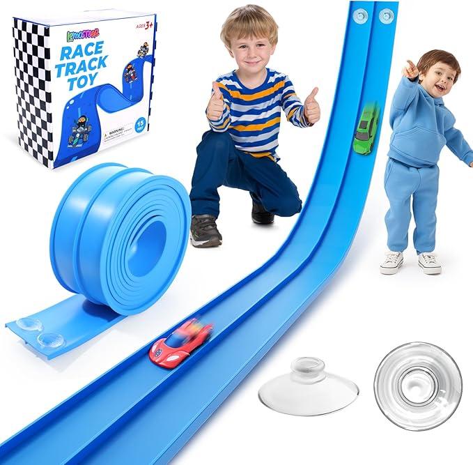 Nicmore Flexible Race Track Toy Set: 15ft DIY Bendable Ramp with Suction Cups – Portable RollUp Car Track for Kids Compatible with 1:64 Diecast Cars – Birthday Christmas for Boys Girls Ages 3+