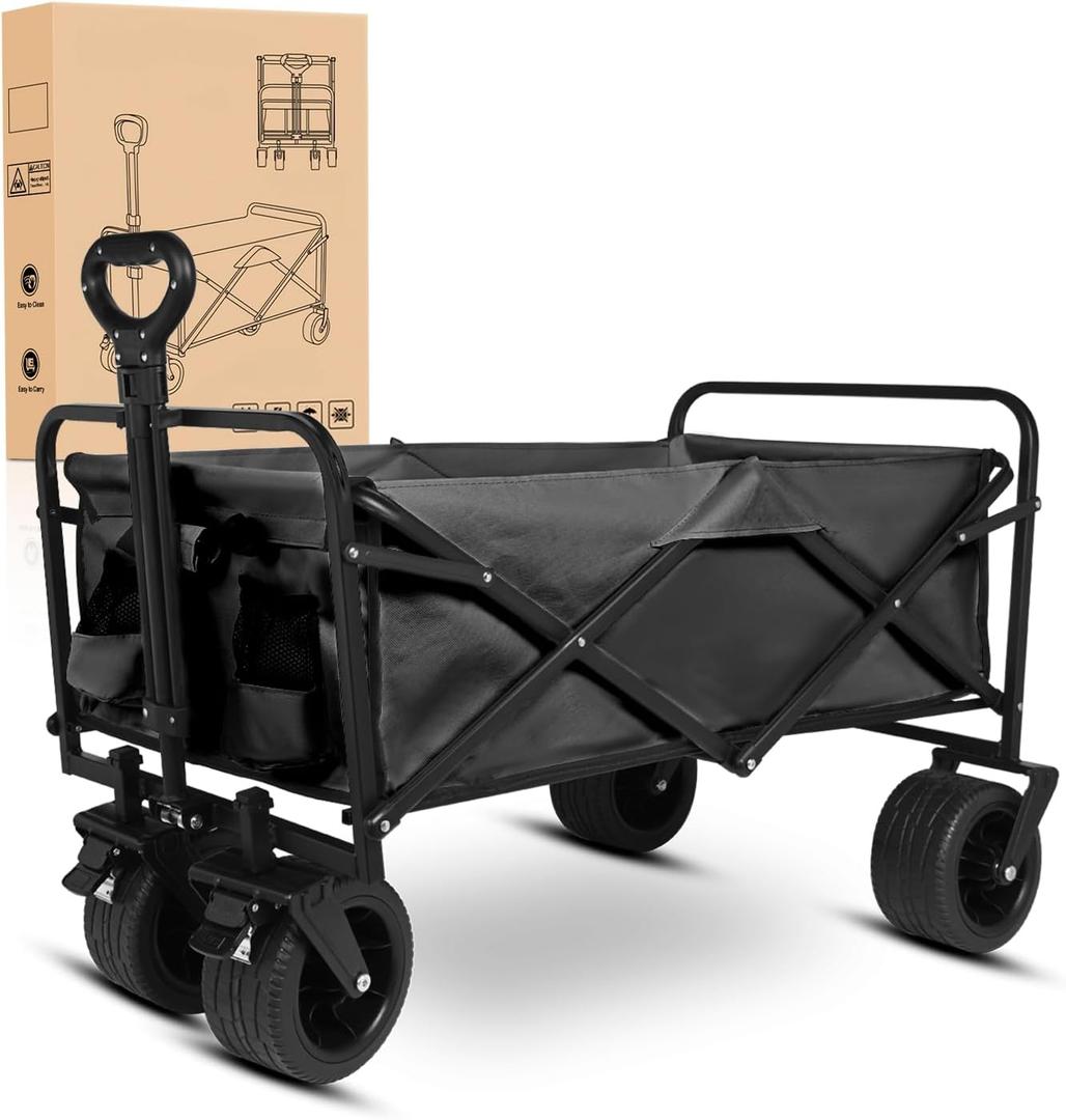 Yesker Foldable Wagon - 300lbs Collapsible Garden Carts with All Terrain Wheels for Outdoor Camping Sports Shopping Gardening - Heavy Duty Portable Utility Trolley (Black) (35*22*18")