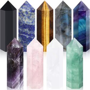 Junkin 9 Sets Healing Crystal Wand, Amethyst Rose Quartz Clear Quartz Tiger Eye Obsidian Fluorite Labradorite Lapis Lazuli for Meditation Crystal Therapy Reiki Supplies(Mixed Color,2-2.4 Inch)
