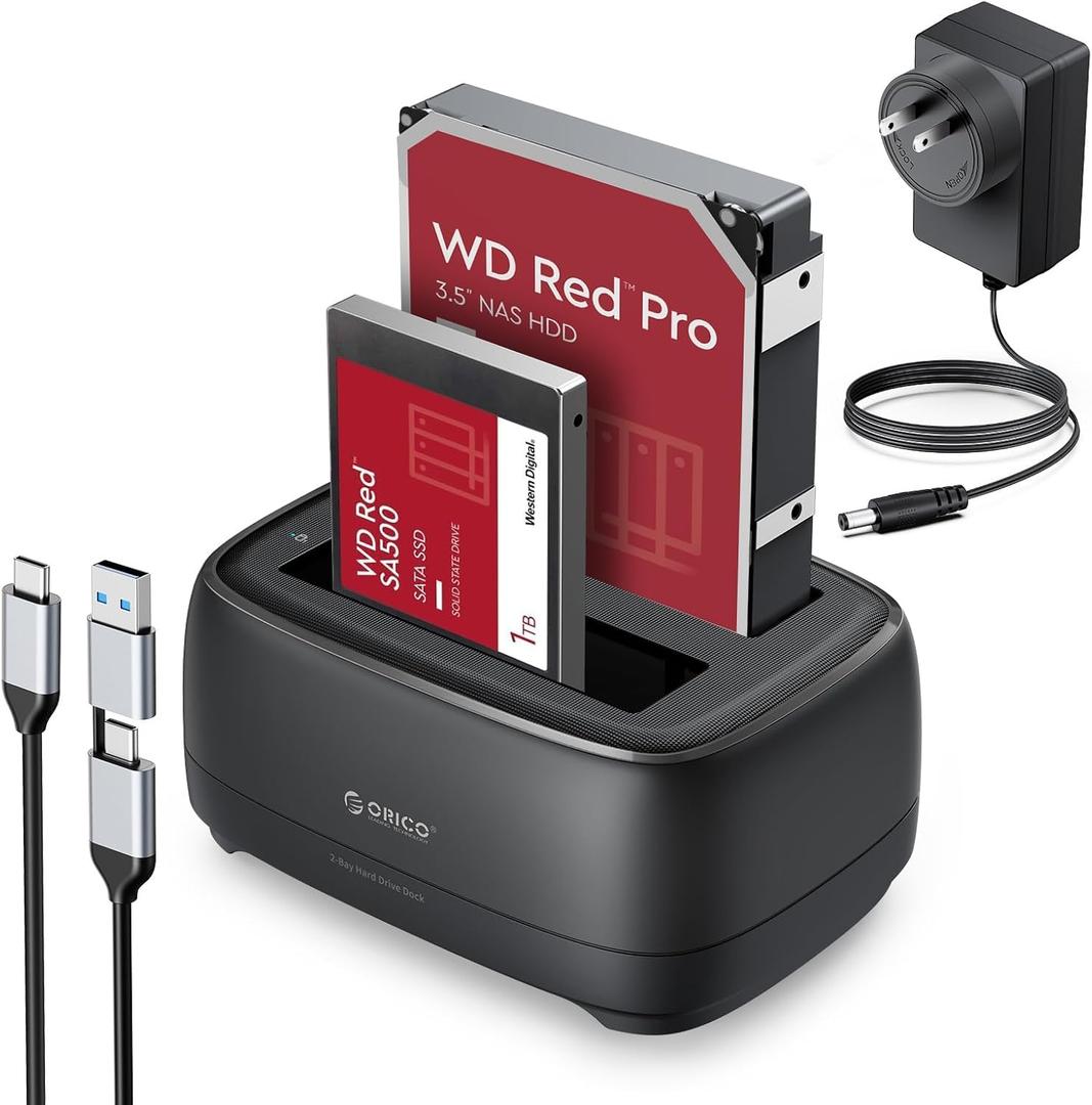 ORICO Hard Drive Docking Station USB 3.2 Gen 1 to SATA Hard Drive Enclosure Dual Bay for 2.5&3.5 Inch SSD HDD Up to 40 TB with 12V Power Supply, Tool-Free and UASP Supported (DD28C3)