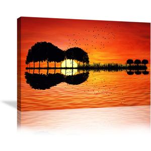 Urttiiyy Music Abstract Guitar Tree Lake Sunset Art Canvas Painting Living Room Decorating Painting Home Decor HD Printed Artwork Poster Framed Ready to Hang (36''Wx24''H, Guitar Artwork)