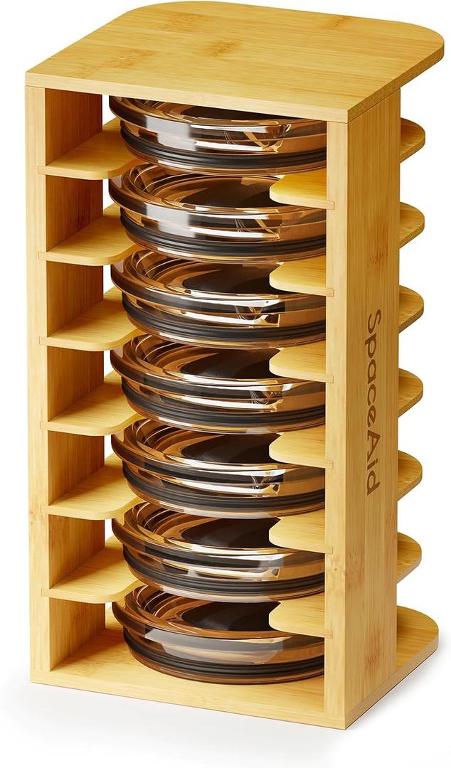 SpaceAid Bamboo Tumbler Lid Organizer for Kitchen Cabinet, Water Bottle Lid Organizer for Cabinet Organization, Cup Mini Lids Organizers Storage Holder for Cupboard Coffee (7-Tier)
