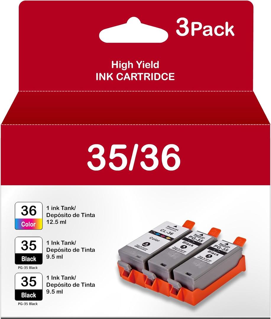 35 36 Ink Cartridges Replacement for Canon PGI-35 Black CLI-36 Color Ink Cartridge PGI35 CLI36 Ink to Work with PIXMA iP100 TR160, PIXUS Mini260 320 Printer (2 Black, 1 Tri-Color, 3 Pack)